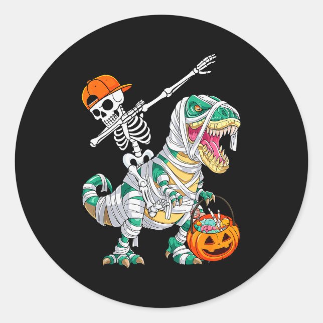 Skeleton Riding Dancing Dab Dinosaur T Rex Hallowe Runder Aufkleber (Vorderseite)