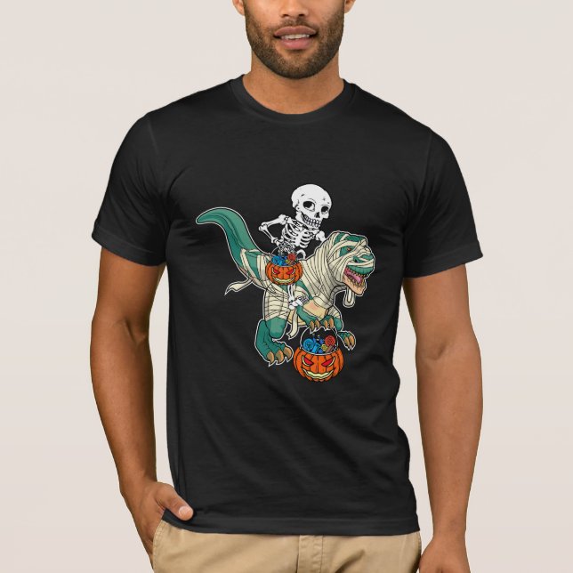Skeleton Riding Dinosaur Mummy Pumpkin Halloween T-Shirt (Vorderseite)