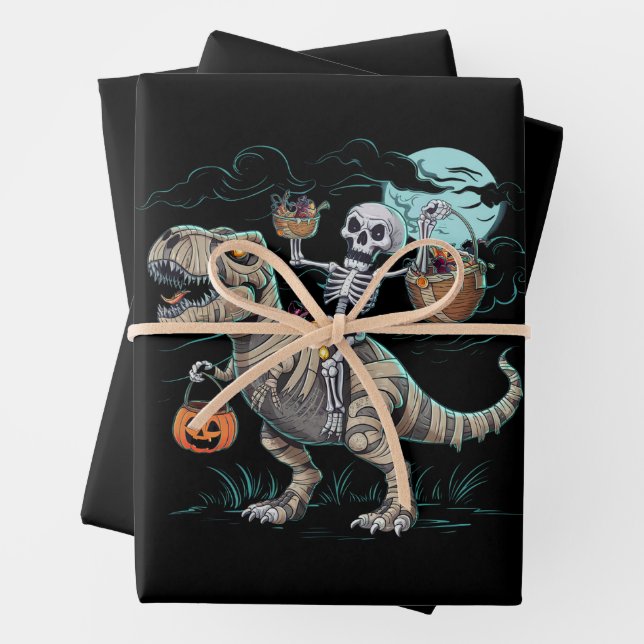 Skeleton Riding Dinosaur T rex Halloween Pumpkin Geschenkpapier Set (Beispiel)