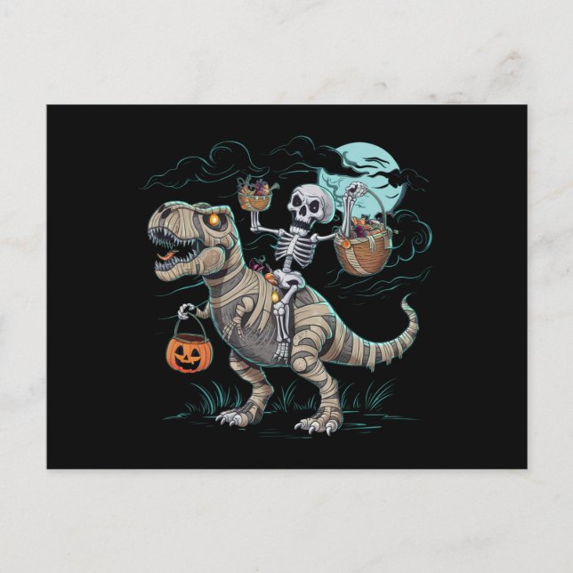 Skeleton Riding Dinosaur T rex Halloween Pumpkin Postkarte (Vorderseite)