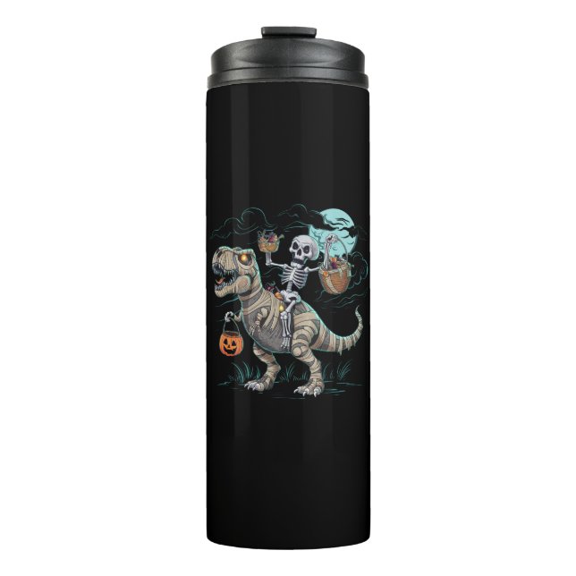 Skeleton Riding Dinosaur T rex Halloween Pumpkin Thermosbecher (Vorderseite)