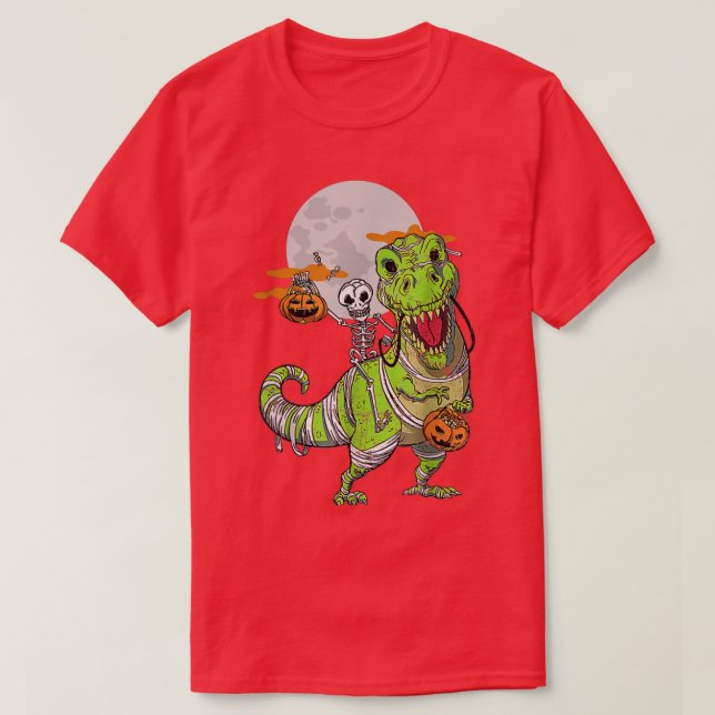 Skeleton Riding Mummy Dinosaur Funny Halloween Cos T-Shirt (Design vorne)