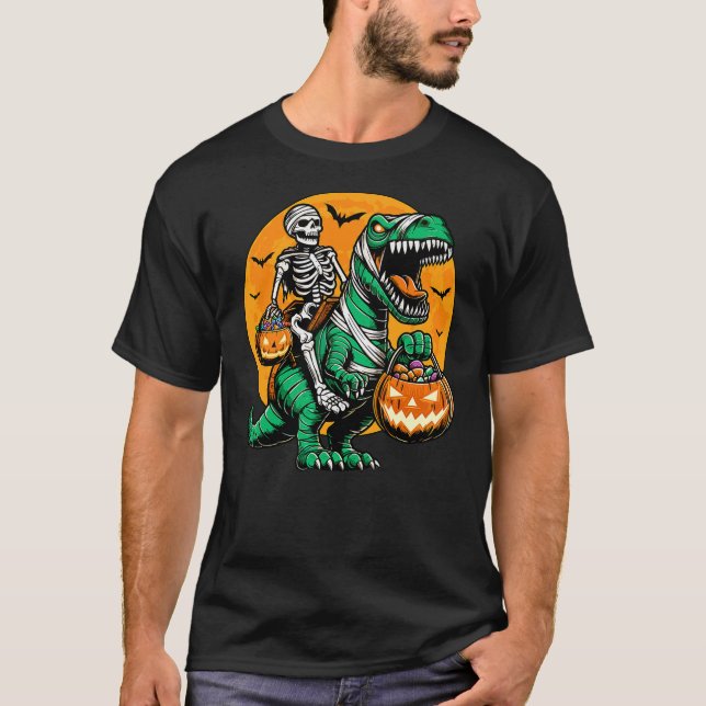 Skeleton Riding Mummy Dinosaur Pumpkin Spooky Trex T-Shirt (Vorderseite)