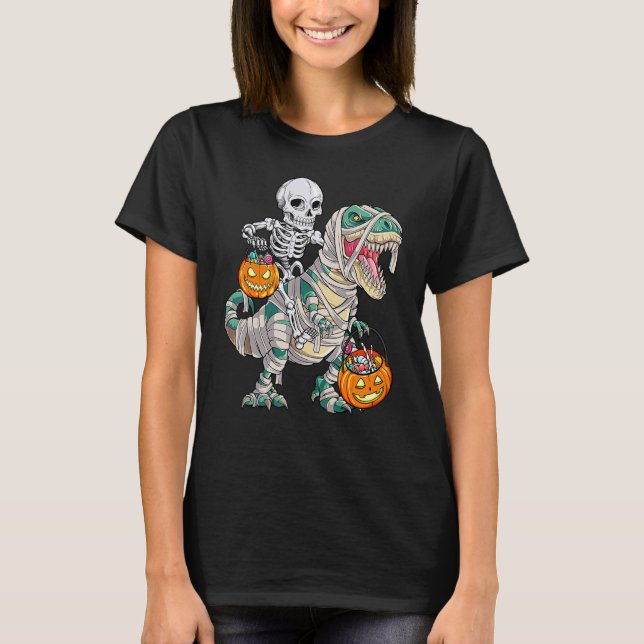 Skeleton Riding Mummy Dinosaur Rex Halloween Pump T-Shirt (Vorderseite)