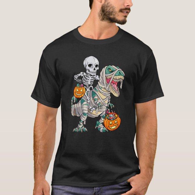 Skeleton Riding Mummy Dinosaur rex Halloween  Pump T-Shirt (Vorderseite)