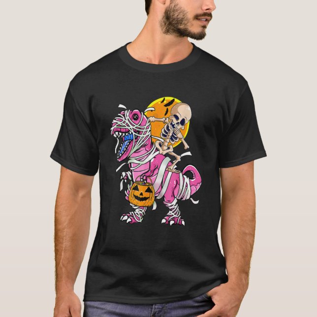 Skeleton Riding Mummy Dinosaur rex Halloween  Pump T-Shirt (Vorderseite)