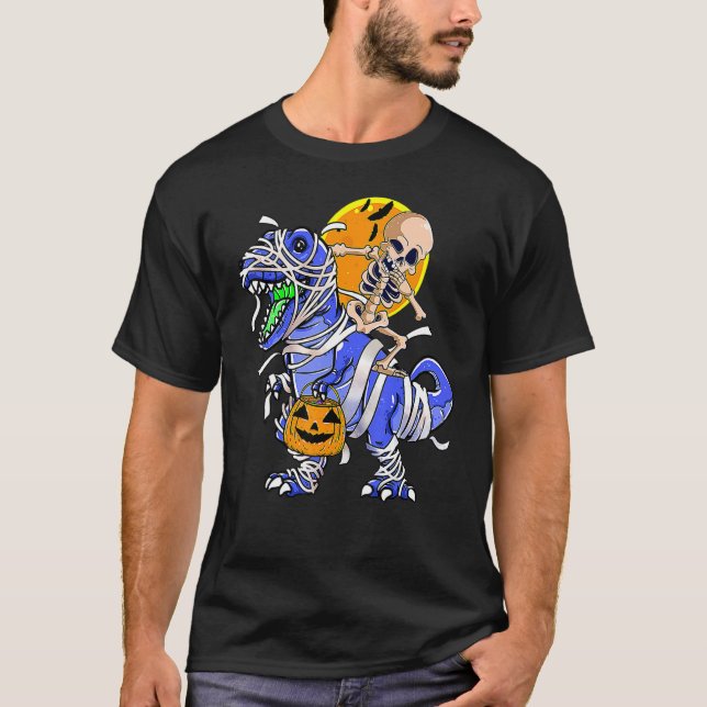Skeleton Riding Mummy Dinosaur rex Halloween Pumpk T-Shirt (Vorderseite)
