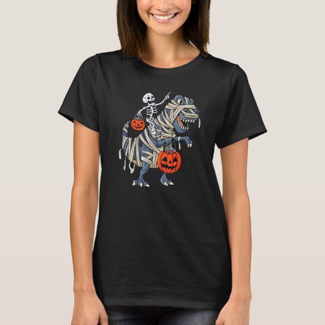 Skeleton Riding Mummy Dinosaur Rex Pumpkin Hallowe T-Shirt (Vorderseite)