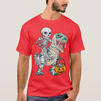Skeleton Riding Mummy Dinosaur T Rex Halloween Boy T-Shirt