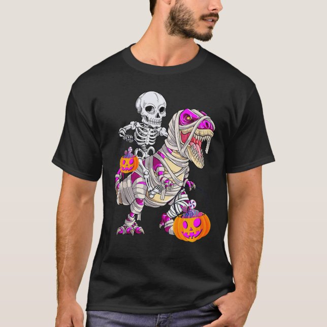 Skeleton Riding Mummy Dinosaur T Rex Halloween But T-Shirt (Vorderseite)