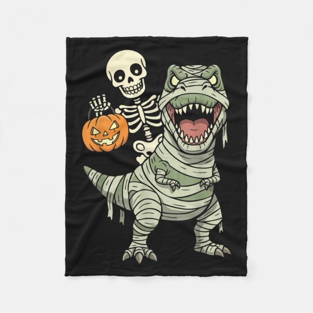Skeleton Riding Mummy Dinosaur T Rex Halloween Fun Fleecedecke (Vorderseite)