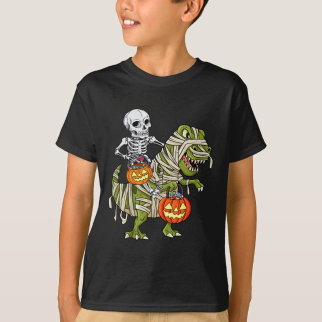 Skeleton Riding Mummy Dinosaur T Rex Halloween Fun T-Shirt (Vorderseite)