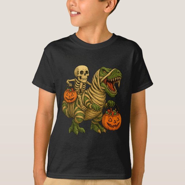 Skeleton Riding Mummy Dinosaur T Rex Halloween Fun T-Shirt (Vorderseite)