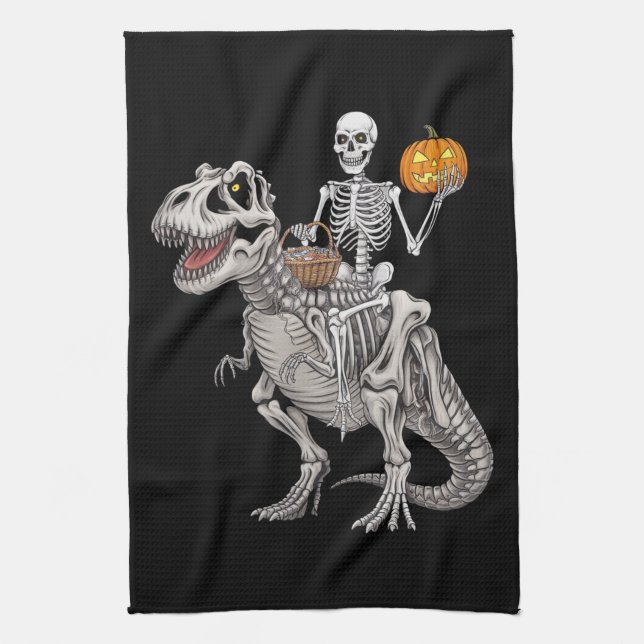 Skeleton Riding Mummy Dinosaur T rex Halloween Geschirrtuch (Vertikal)