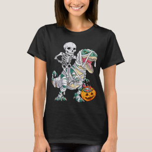 Skeleton Riding Mummy Dinosaur T rex Halloween Kin T-Shirt