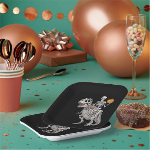 Skeleton Riding Mummy Dinosaur T rex Halloween Pappteller