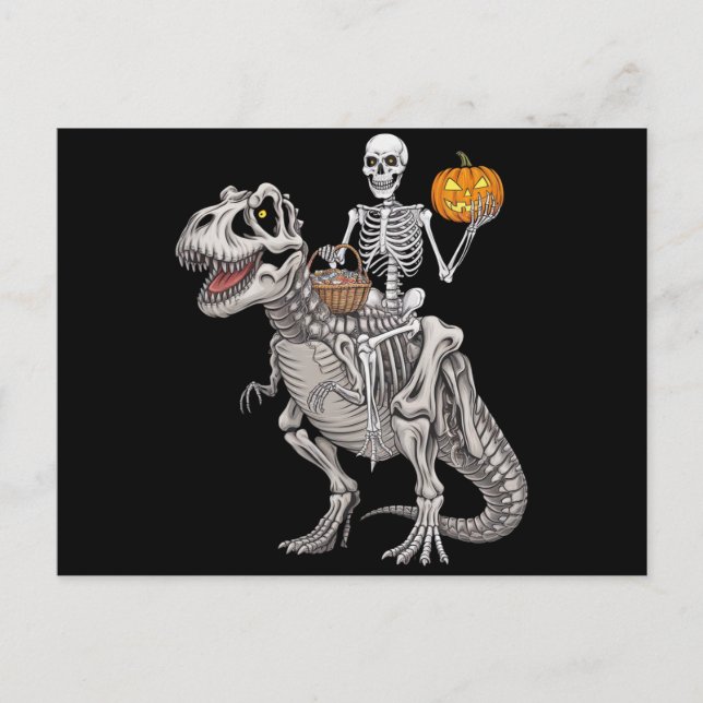 Skeleton Riding Mummy Dinosaur T rex Halloween Postkarte (Vorderseite)