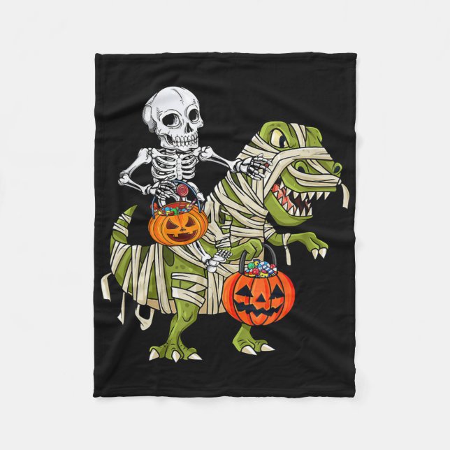Skeleton Riding Mummy Dinosaur T Rex Halloween Spa Fleecedecke (Vorderseite)