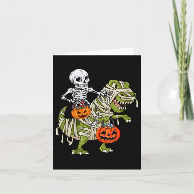 Skeleton Riding Mummy Dinosaur T Rex Halloween Spa Karte (Vorderseite)