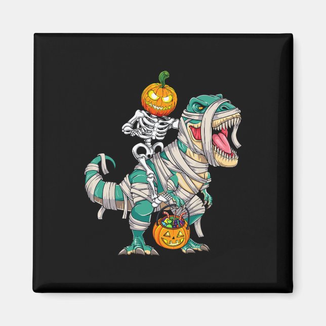 Skeleton Riding Mummy Dinosaur T rex Halloween Spa Magnet (Vorne)