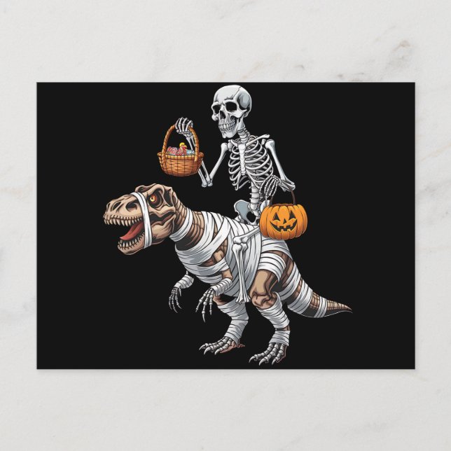 Skeleton Riding Mummy Dinosaur T rex Halloween Spa Postkarte (Vorderseite)
