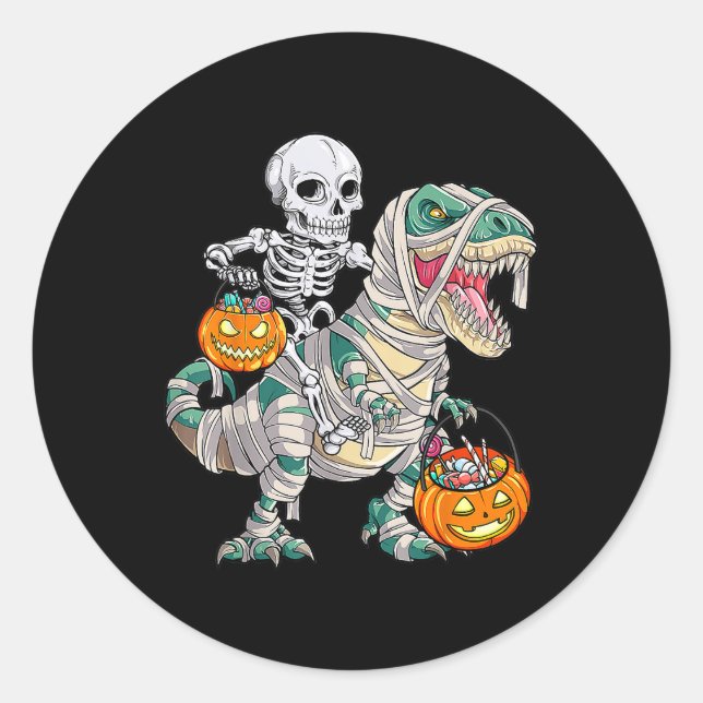 Skeleton Riding Mummy Dinosaur T Rex Halloween Spa Runder Aufkleber (Vorderseite)