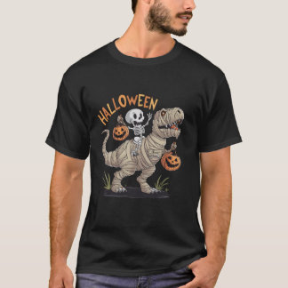 Skeleton Riding Mummy Dinosaur T rex Halloween Spa T-Shirt