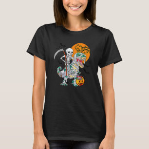 Skeleton Riding Mummy Dinosaur T Rex Halloween Spa T-Shirt