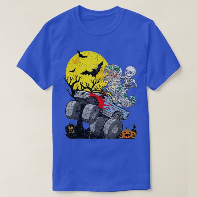 Skeleton Riding Mummy Dinosaur T Rex Halloween Spa T-Shirt (Design vorne)