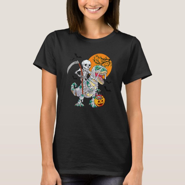 Skeleton Riding Mummy Dinosaur T Rex Halloween Spa T-Shirt (Vorderseite)