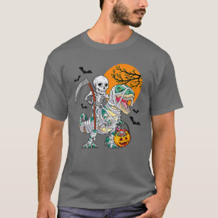 Skeleton Riding Mummy Dinosaur T Rex Halloween Spa T-Shirt