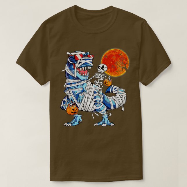Skeleton Riding Mummy Dinosaur T rex Halloween Spa T-Shirt (Design vorne)
