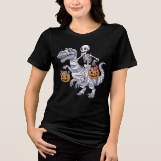 Skeleton Riding Mummy Dinosaur T rex Halloween Spa Tri-Blend Shirt