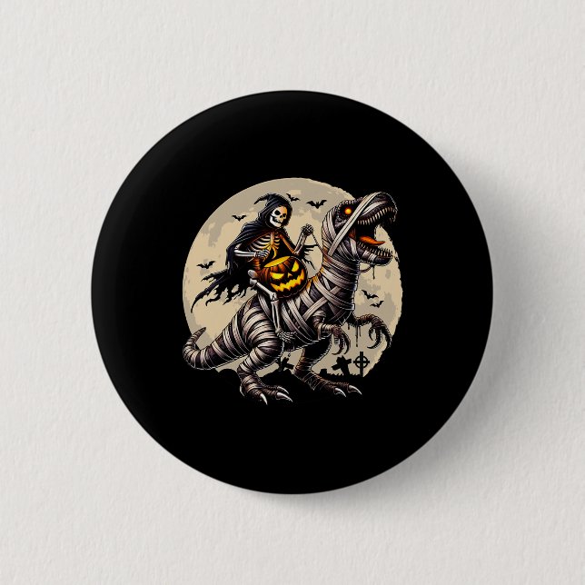 Skeleton Riding Mummy Dinosaur T Rex Pumpkin Funny Button (Vorderseite)