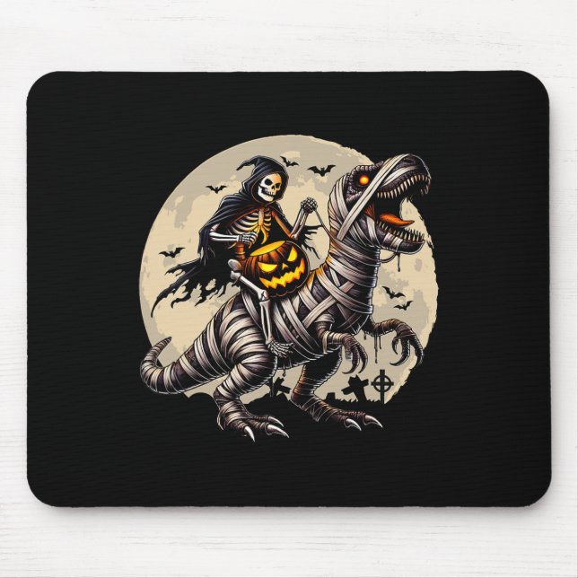 Skeleton Riding Mummy Dinosaur T Rex Pumpkin Funny Mousepad (Vorne)
