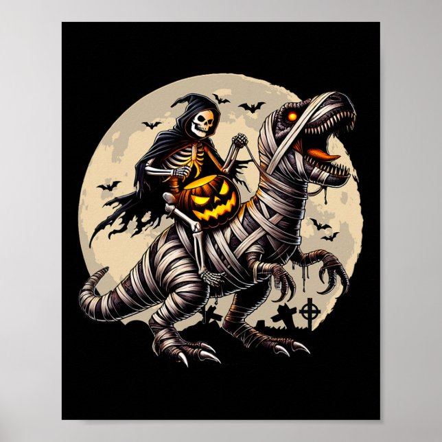 Skeleton Riding Mummy Dinosaur T Rex Pumpkin Funny Poster (Vorne)