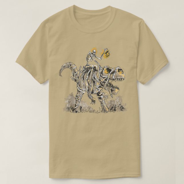 Skeleton Riding Mummy Dinosaur T Rex Pumpkin Funny T-Shirt (Design vorne)
