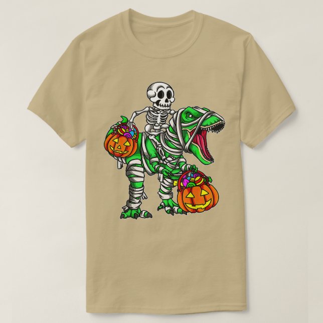 Skeleton Riding Mummy Dinosaur T Rex Pumpkin Funny T-Shirt (Design vorne)