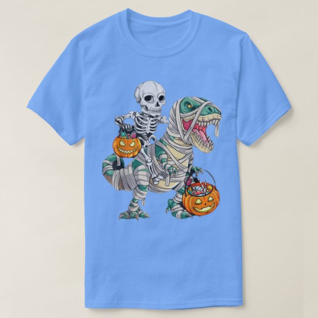Skeleton Riding Mummy Dinosaur T rex Pumpkin Funny T-Shirt (Design vorne)
