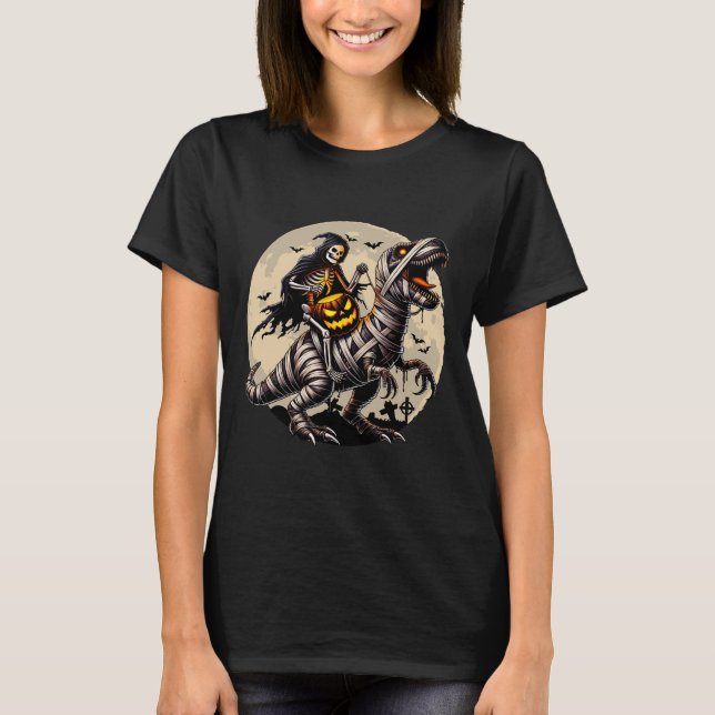 Skeleton Riding Mummy Dinosaur T Rex Pumpkin Funny T-Shirt (Vorderseite)