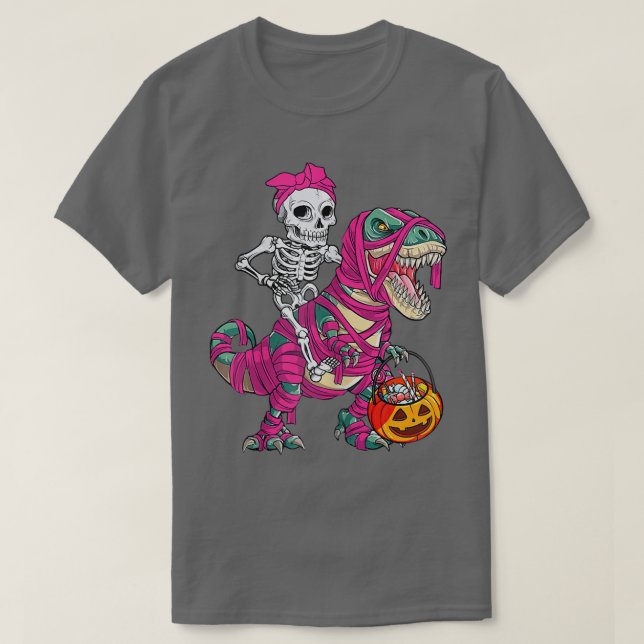 Skeleton Riding Mummy Dinosaur Tre Halloween Pumpk T-Shirt (Design vorne)