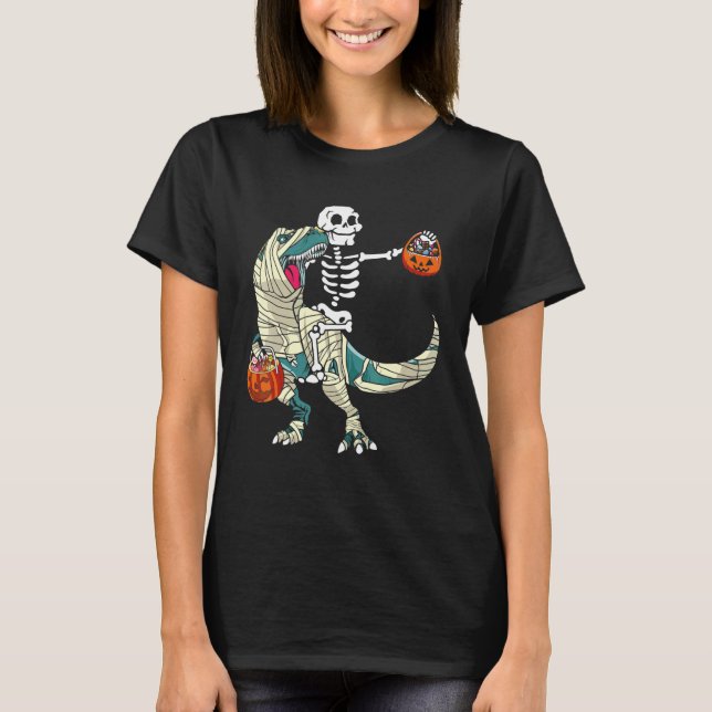 Skeleton Riding Mummy Dinosaurier rex Halloween Pu T-Shirt (Vorderseite)