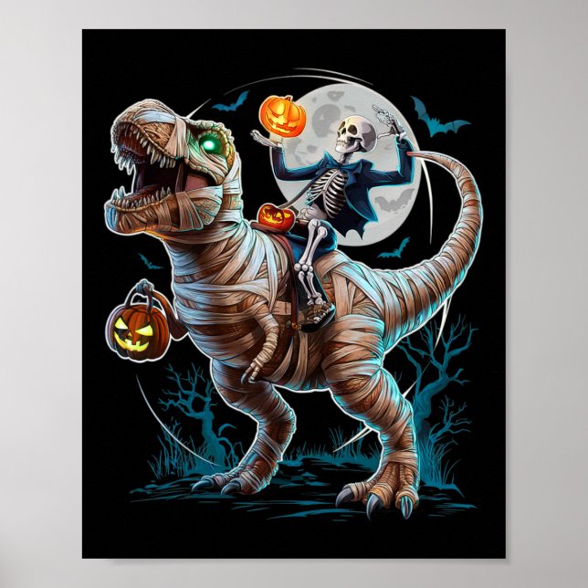 Skeleton Riding Mummy Pumpkin T Rex Dinosaur Funny Poster (Vorne)