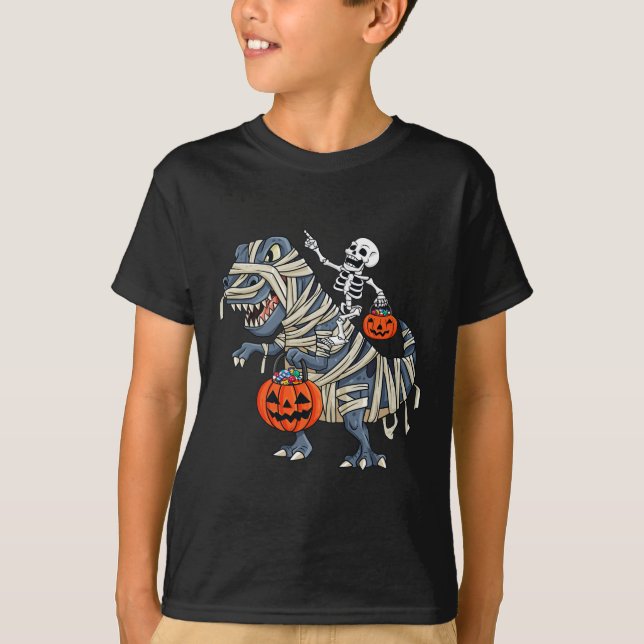 Skeleton Riding Mummy T Rex Halloween Boys Girls K T-Shirt (Vorderseite)