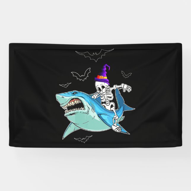 Skeleton Riding Shark Funny - Crazy Halloween Gesc Banner (Horizontal)
