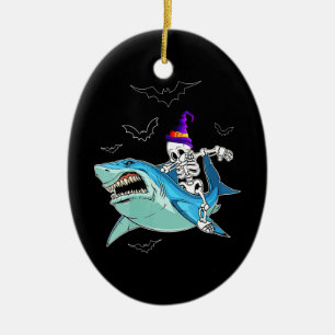 Skeleton Riding Shark Funny - Crazy Halloween Gesc Keramik Ornament