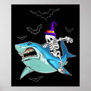 Skeleton Riding Shark Funny - Crazy Halloween Gesc Poster