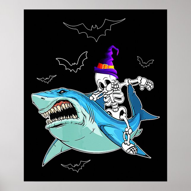 Skeleton Riding Shark Funny - Crazy Halloween Gesc Poster (Vorne)