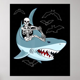 Skeleton Riding Shark Funny Halloween Boys Girls Poster