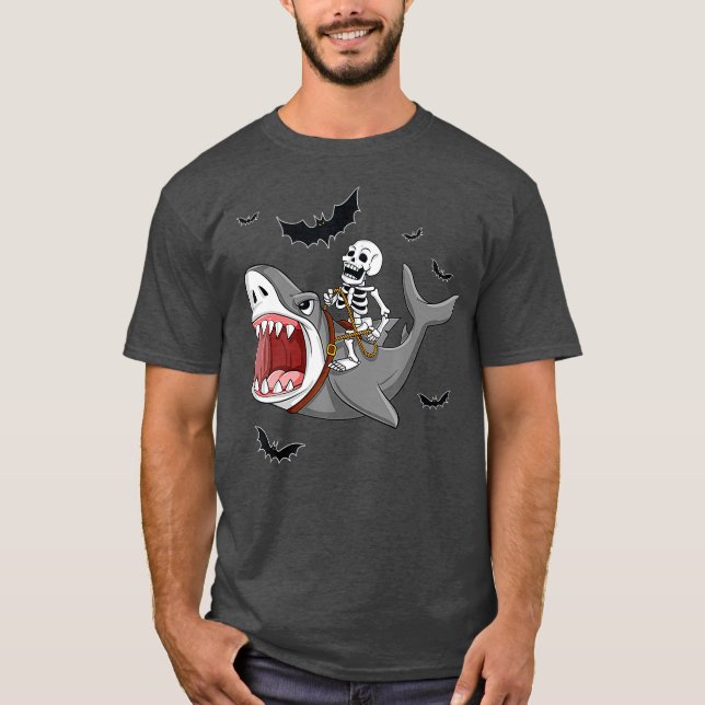 Skeleton Riding Shark Funny Halloween Boys Girls T-Shirt (Vorderseite)